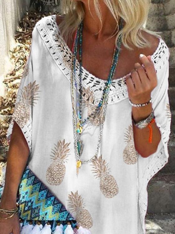 Casual Loose Lace V Neck Pineapple Print Mini Dress