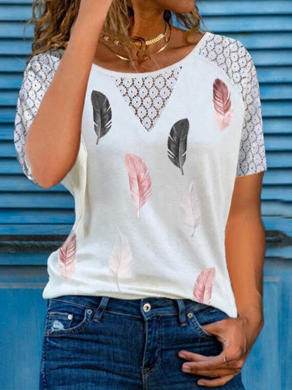 Chic Lace Hollow Feather Print Short Sleeve T-shirt