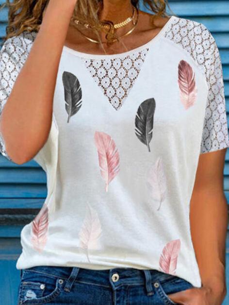 Chic Lace Hollow Feather Print Short Sleeve T-shirt