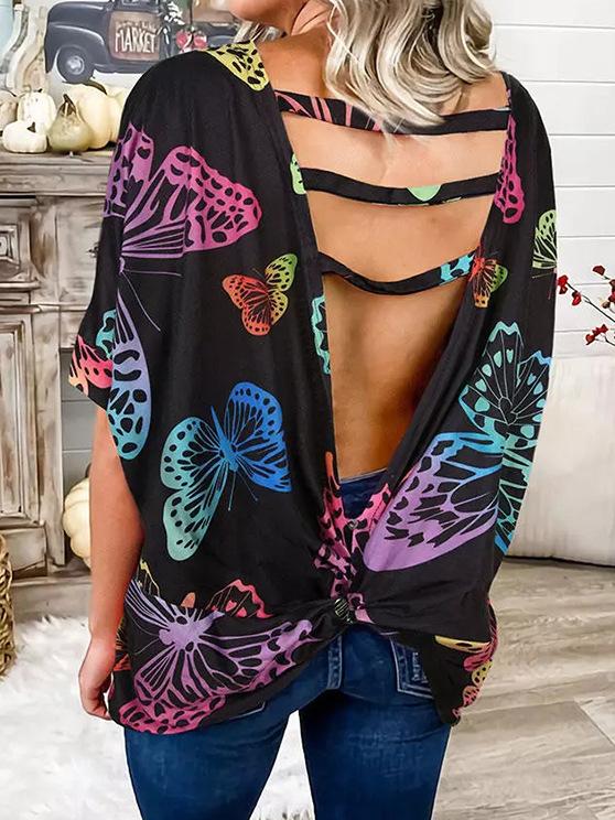 Chic Butterfly Print Halter Bat Sleeve Short Sleeve Top