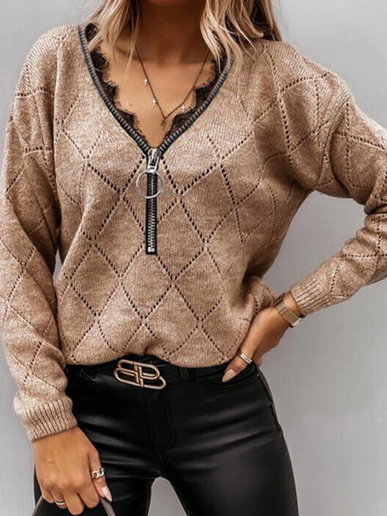 Women's Sweaters Casual Zipper Lace V-Neck Sweater