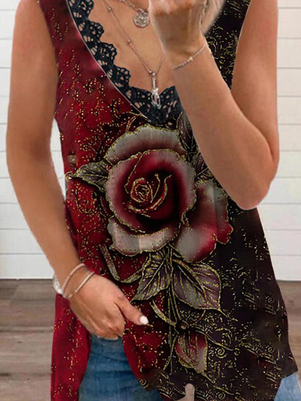 Fashion Rose Print V Neck Sleeveless Tank Top