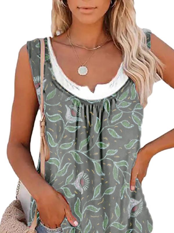 Summer Printed Sleeveless Pleated Tank Top