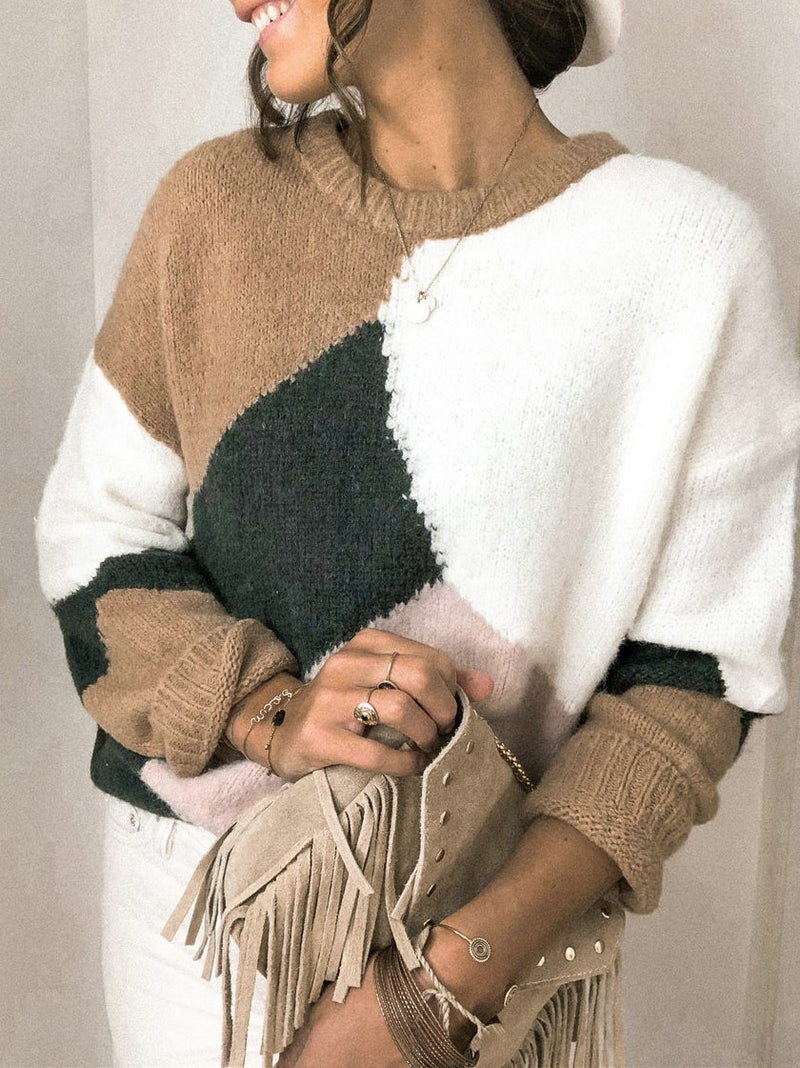 Women's Sweaters Round Neck Contrast Stitching Knitted Sweater