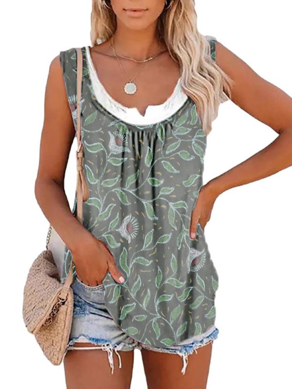 Summer Printed Sleeveless Pleated Tank Top