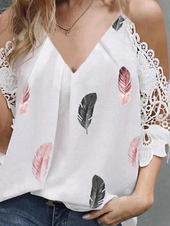 Casual Feather Print V-neck Lace Off-the-shoulder Top