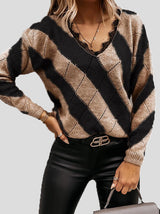 Women's Sweaters Colorblock Lace V-Neck Long Sleeve Sweater
