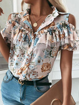 Printed Stitching Off-the-shoulder Short-sleeved Blouses