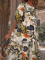 Fashion Print Round Neck 1/2 Sleeve Midi Dress