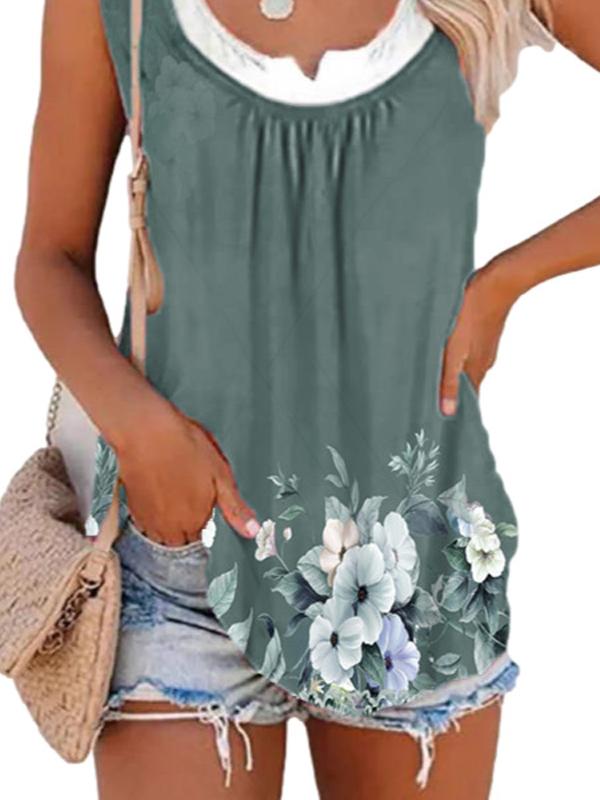 Summer Printed Sleeveless Pleated Tank Top