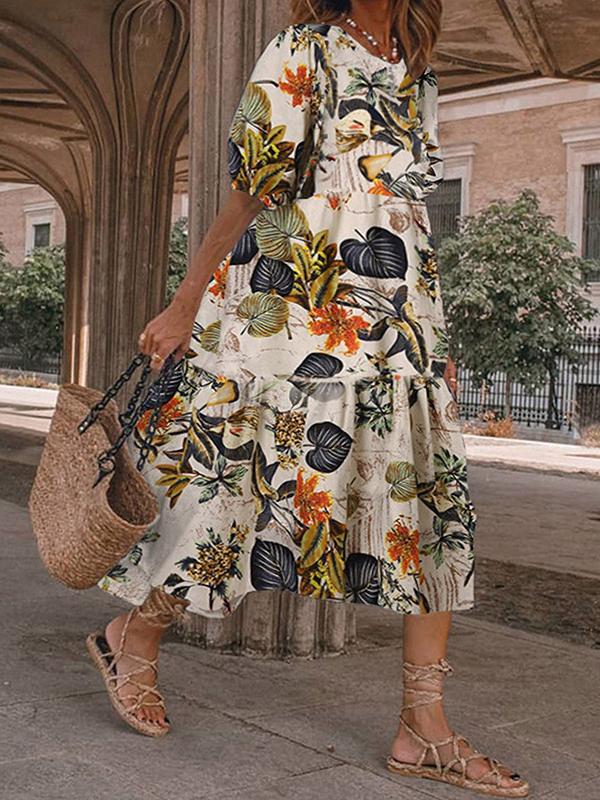 Fashion Print Round Neck 1/2 Sleeve Midi Dress