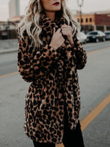 Women's Coats Lapel Leopard Print Faux Fur Long Sleeve Midi Coat