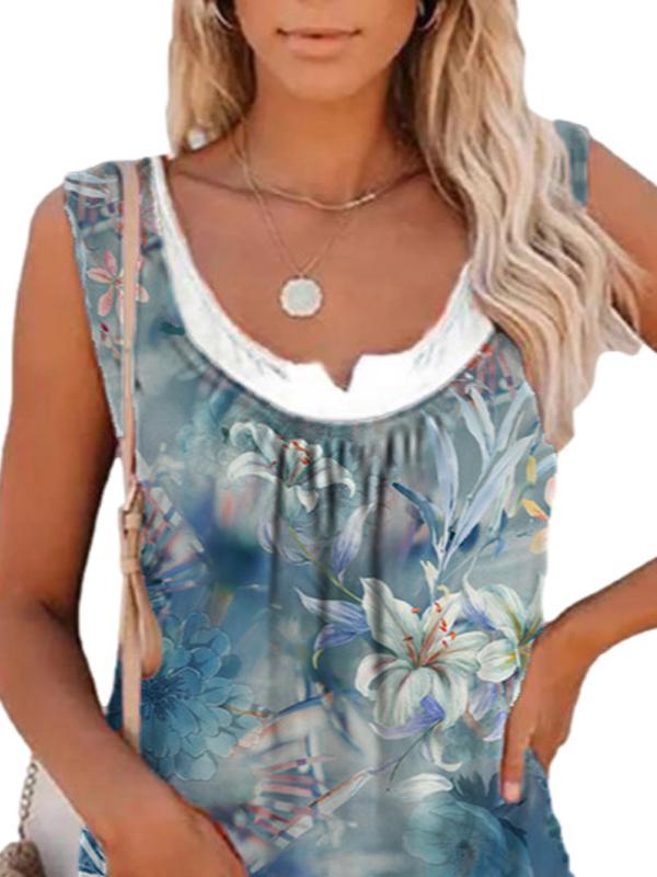 Summer Printed Sleeveless Pleated Tank Top