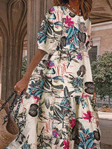 Fashion Print Round Neck 1/2 Sleeve Midi Dress