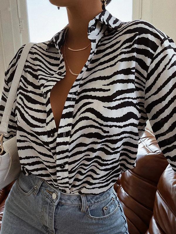 Wave Striped Print Lapel Cardigan Single-breasted Long-sleeved Shirt