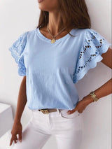 Fashion Solid Color Lace Short Sleeve Blouses
