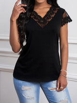 Slim-fit Solid Lace V-neck Pullover Short-sleeved T-shirt