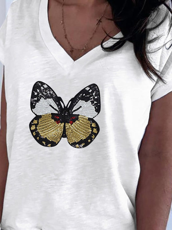 Casual Butterfly Sequin Sewing V Neck T-shirt