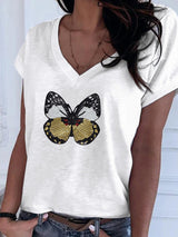 Casual Butterfly Sequin Sewing V Neck T-shirt