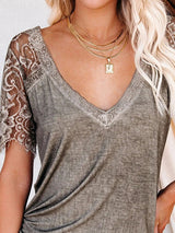 Solid Color V-neck Lace Short Sleeve T-shirt