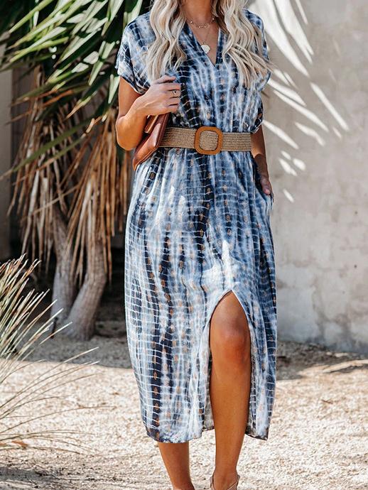 Fashion Printed V-neck Split Skirt With Belt