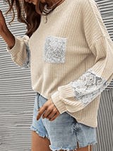 Women's T-Shirts Lace Stitching Pockets Round Neck Long Sleeves T-Shirt