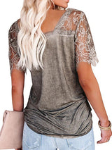 Solid Color V-neck Lace Short Sleeve T-shirt