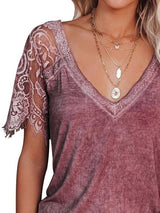 Solid Color V-neck Lace Short Sleeve T-shirt