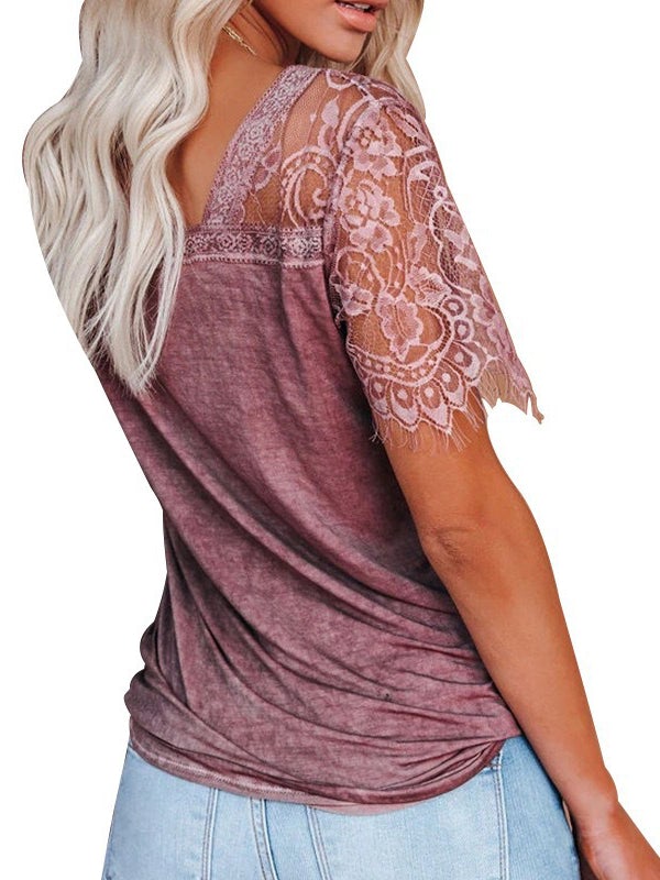 Solid Color V-neck Lace Short Sleeve T-shirt