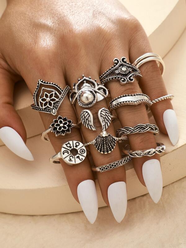 14pcs Retro Hollow Out Flower Shell Ring - INS | Online Fashion Free Shipping Clothing, Dresses, Tops, Shoes