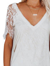 Solid Color V-neck Lace Short Sleeve T-shirt