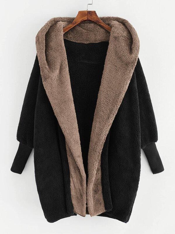 Open Front Fuzzy Hooded Teddy Coat