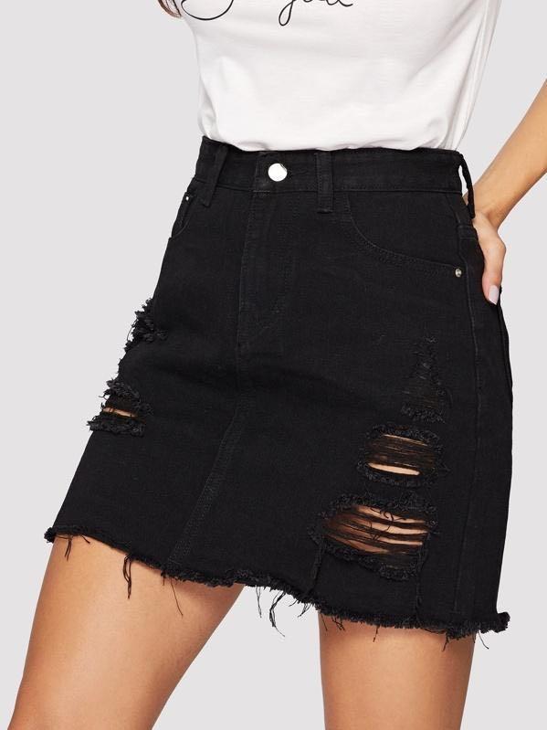 Distressed High-Rise Denim Mini Skirt