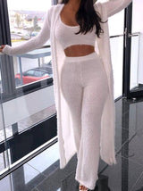 Solid Fluffy  Sleeveless Crop Top & Longline Coat & Bootcut Pants Set