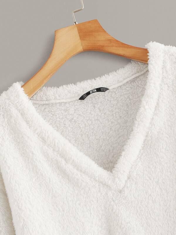 Solid Drop Shoulder Fuzzy Pullover