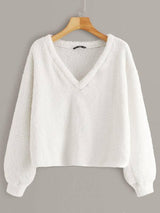 Solid Drop Shoulder Fuzzy Pullover