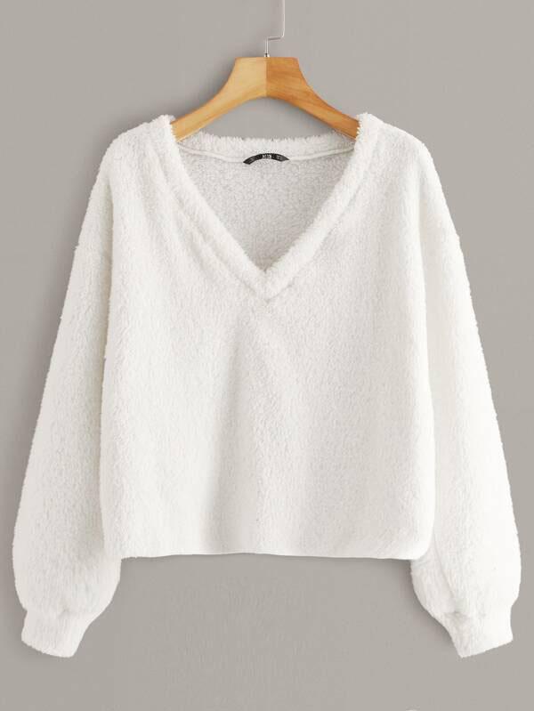 Solid Drop Shoulder Fuzzy Pullover