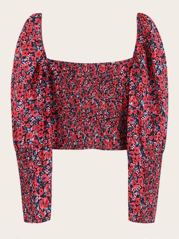 Ditsy Floral Print Sweetheart Neck Shirred Blouse