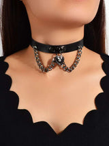 Black Gothic Ajustable Pu Leather Choker Collar Necklace With Heart Pendant