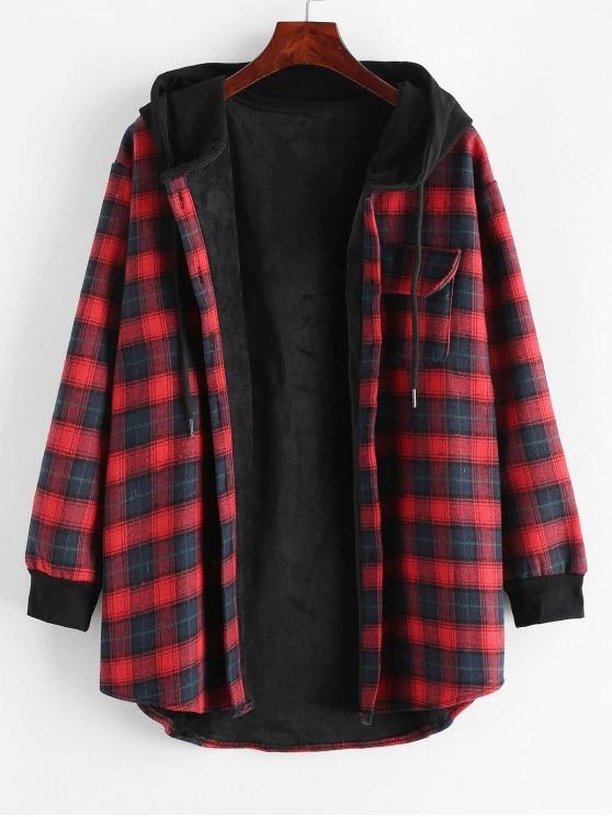 Plaid Button Up Pocket Hooded Coat