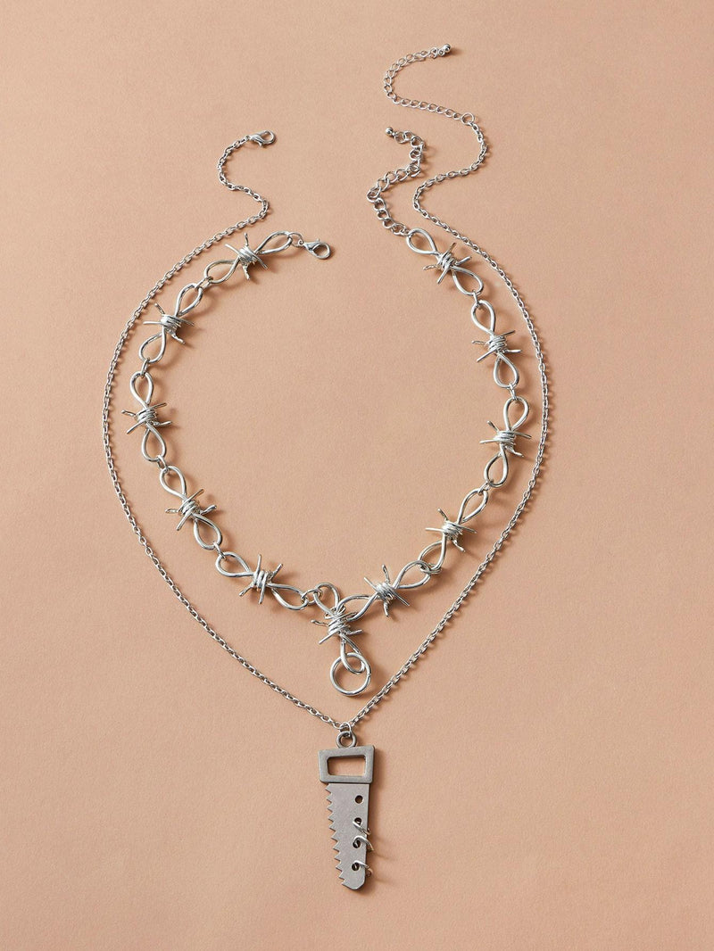 2pcs Metallic Saw & Knot Charm Necklace