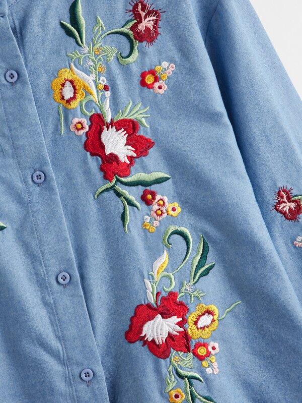 Buttoned Front High Low Curved Hem Floral Embroidery Blouse
