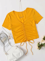 Drawstring Ruched Solid Crop Tee