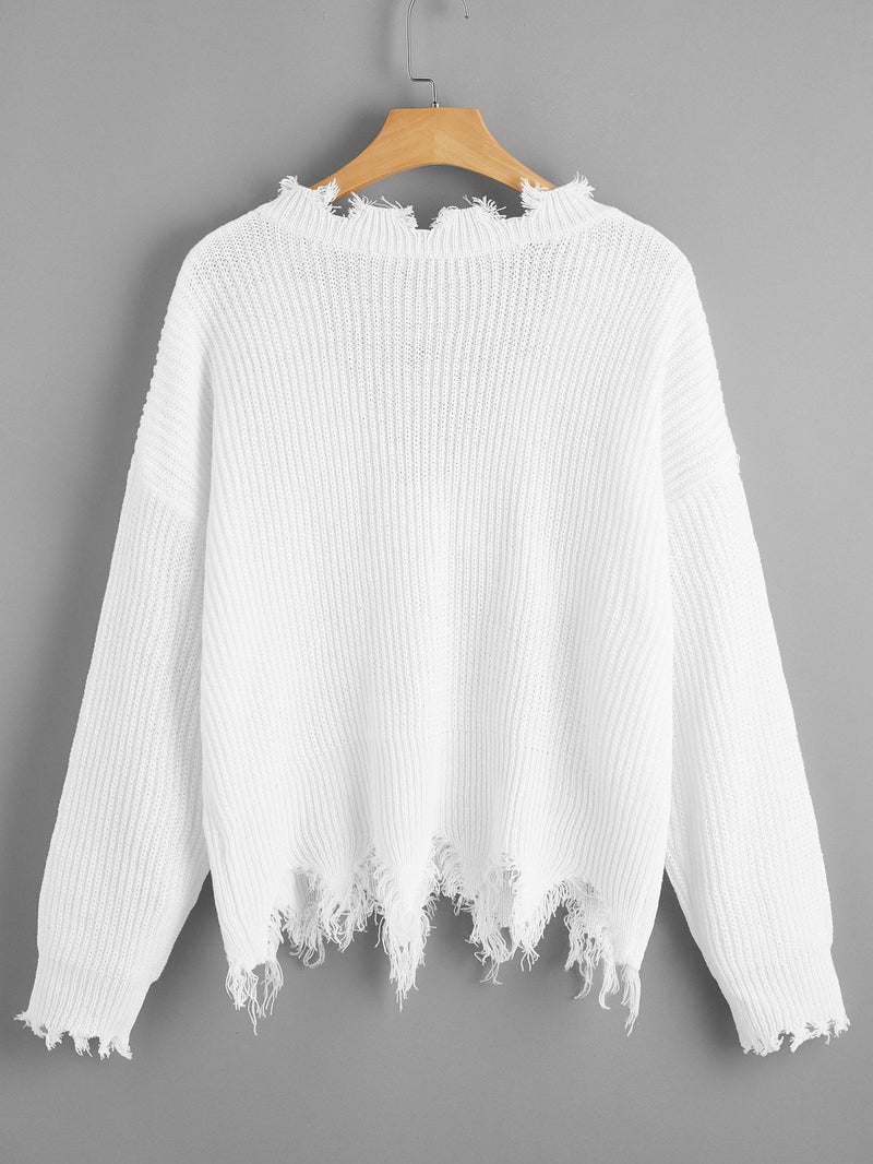 Plus Chunky Knit Frayed Drop Shoulder Sweater