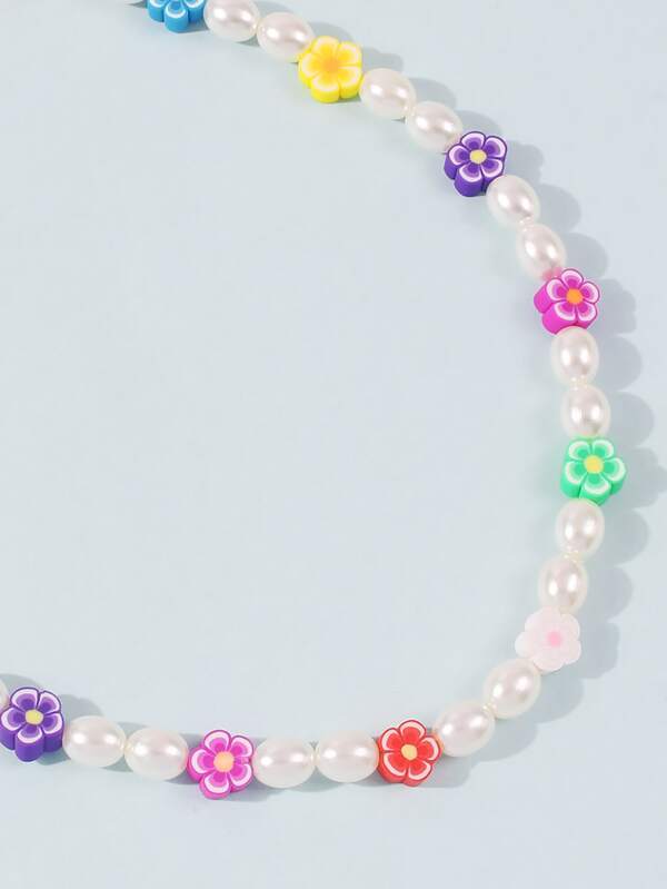 Faux Pearl & Flower Beaded Necklace