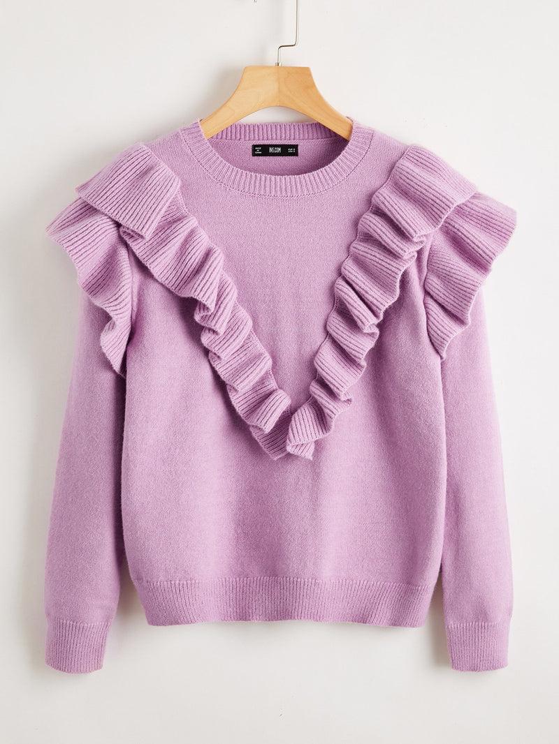 Ruffle Trim Solid Sweater