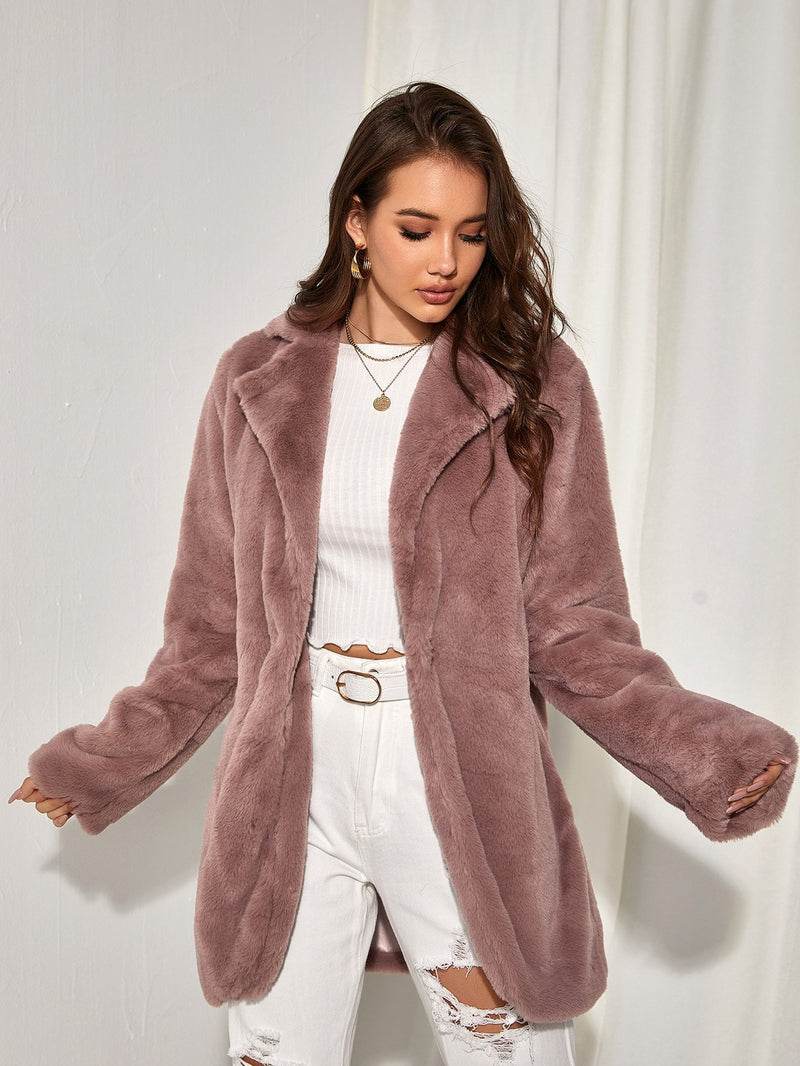 Solid Open Front Fuzzy Coat