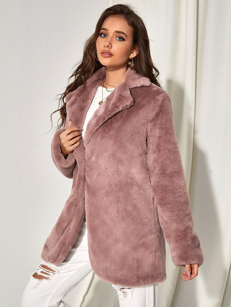 Solid Open Front Fuzzy Coat