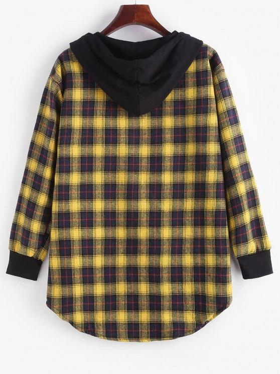 Plaid Button Up Pocket Hooded Coat