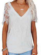 Solid Color V-neck Lace Short Sleeve T-shirt